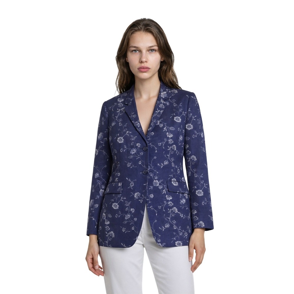 Talbots‎ 100% Silk Blazer Women's Size 14P Navy Blue Floral Embroidered Jacket